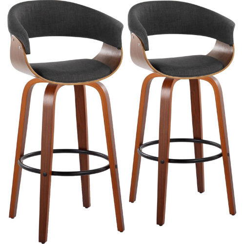 Vintage Mod 30" Swivel Bar Stool in Walnut Wood & Charcoal Fabric w/ Black Footrest (Set of 2)